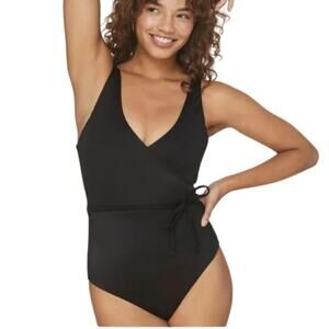 Andie Swim The Belmar One Piece V-Neck Belted Suit Solid Black Size Large